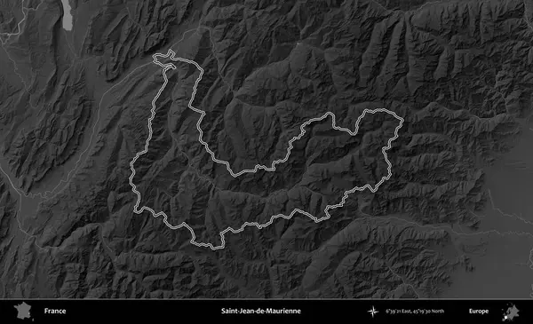 Saint-Jean-de-Maurienne. Gri tonlu yükseklik haritasında Fransa 'nın idari bölgesinin ana hatları çizilmiş