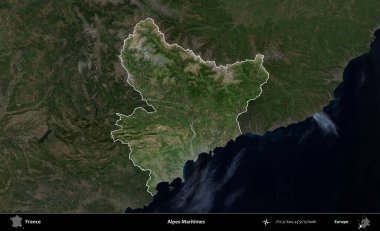 Alpes-Maritimes. Fransa 'nın idari alanı koyu renkli bir B uydusu görüntüsüyle vurgulandı ve özetlendi