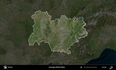 Auvergne-Rhone-Alpes. Fransa 'nın idari alanı koyu renkli bir B uydusu görüntüsüyle vurgulandı ve özetlendi
