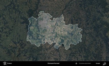 Clermont-Ferrand. Fransa 'nın idari alanı koyu renkli bir B uydusu görüntüsüyle vurgulandı ve özetlendi