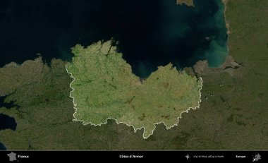 Cotes-d'Armor. Fransa 'nın idari alanı koyu renkli bir B uydusu görüntüsüyle vurgulandı ve özetlendi