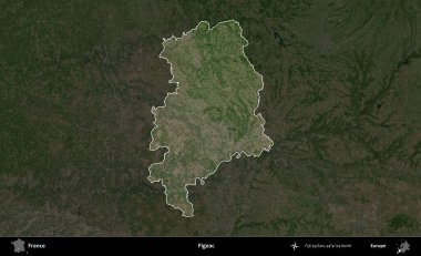 Figeac. Fransa 'nın idari alanı koyu renkli bir B uydusu görüntüsüyle vurgulandı ve özetlendi