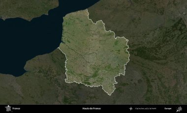Hauts-de-France. Fransa 'nın idari alanı koyu renkli bir B uydusu görüntüsüyle vurgulandı ve özetlendi