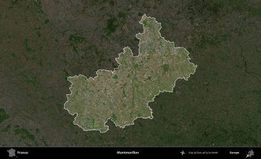 Montmorillon 'da. Fransa 'nın idari alanı koyu renkli bir B uydusu görüntüsüyle vurgulandı ve özetlendi