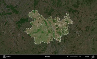 Moulin 'ler. Fransa 'nın idari alanı koyu renkli bir B uydusu görüntüsüyle vurgulandı ve özetlendi