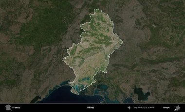 Nimes. Fransa 'nın idari alanı koyu renkli bir B uydusu görüntüsüyle vurgulandı ve özetlendi