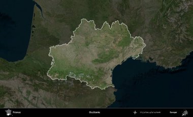 Occitanie. Fransa 'nın idari alanı koyu renkli bir B uydusu görüntüsüyle vurgulandı ve özetlendi