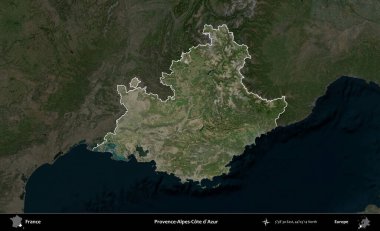 Provence-Alpes-Cote d'Azur. Fransa 'nın idari alanı koyu renkli bir B uydusu görüntüsüyle vurgulandı ve özetlendi