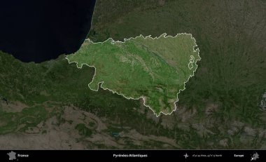 Pireneler-Atlantikler. Fransa 'nın idari alanı koyu renkli bir B uydusu görüntüsüyle vurgulandı ve özetlendi