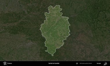 Sarlat-la-Caneda. Fransa 'nın idari alanı koyu renkli bir B uydusu görüntüsüyle vurgulandı ve özetlendi