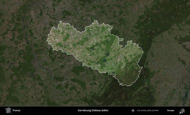 Sarrebourg-Chateau-Salins. Fransa 'nın idari alanı koyu renkli bir B uydusu görüntüsüyle vurgulandı ve özetlendi