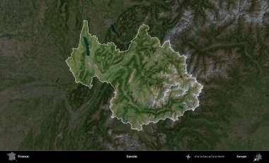 Savoie. Fransa 'nın idari alanı koyu renkli bir B uydusu görüntüsüyle vurgulandı ve özetlendi