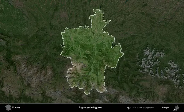 Bagneres-de-Bigorre. Fransa 'nın idari alanı koyu renkli bir B uydusu görüntüsüyle vurgulandı ve özetlendi
