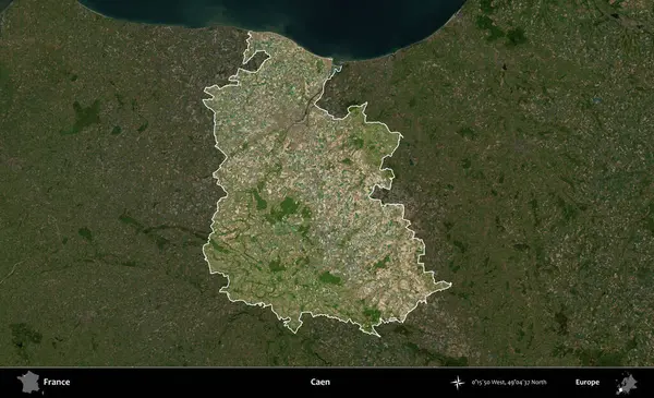 Caen. Fransa 'nın idari alanı koyu renkli bir B uydusu görüntüsüyle vurgulandı ve özetlendi