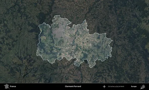 Clermont-Ferrand. Fransa 'nın idari alanı koyu renkli bir B uydusu görüntüsüyle vurgulandı ve özetlendi