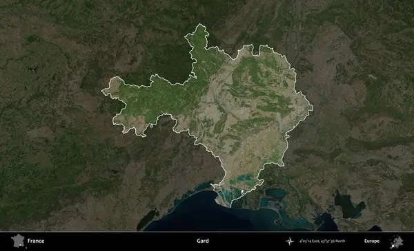 Gard. Fransa 'nın idari alanı koyu renkli bir B uydusu görüntüsüyle vurgulandı ve özetlendi