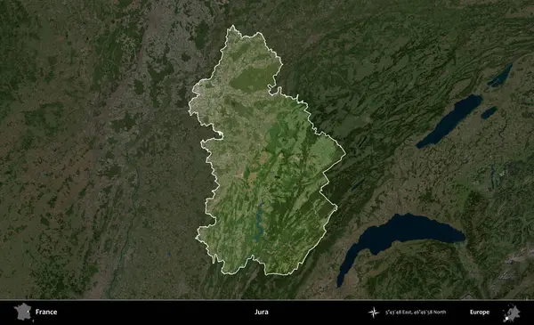 Jura. Fransa 'nın idari alanı koyu renkli bir B uydusu görüntüsüyle vurgulandı ve özetlendi
