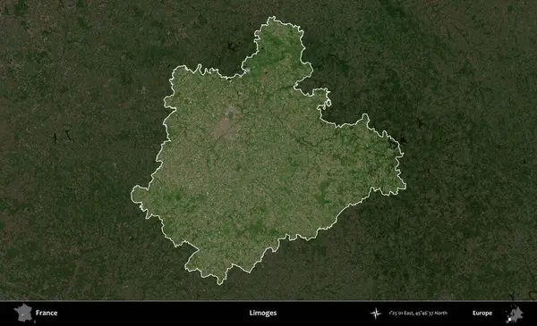 Limojeler. Fransa 'nın idari alanı koyu renkli bir B uydusu görüntüsüyle vurgulandı ve özetlendi