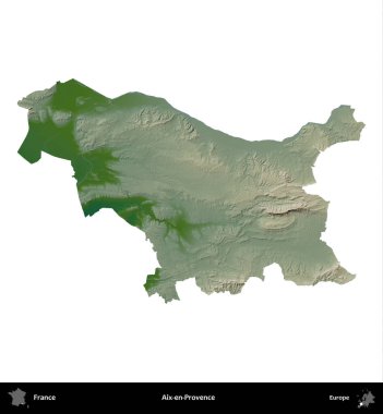 Aix-en-Provence. Fransa 'nın idari bölgesi renkli bir yükseklik haritasında beyaza izole edilmiş