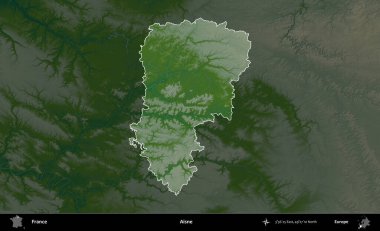 Aisne. Fransa 'nın idari alanı koyu renkli bir yükseklik haritasına vurgulandı ve özetlendi
