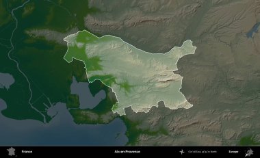 Aix-en-Provence. Fransa 'nın idari alanı koyu renkli bir yükseklik haritasına vurgulandı ve özetlendi