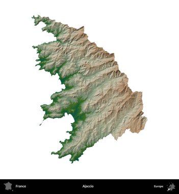 Ajaccio. Fransa 'nın idari bölgesi renkli bir yükseklik haritasında beyaza izole edilmiş