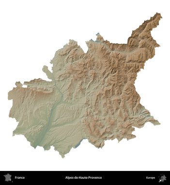 Alpes-de-Haute-Provence. Fransa 'nın idari bölgesi renkli bir yükseklik haritasında beyaza izole edilmiş