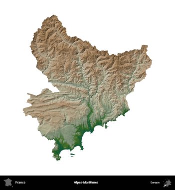 Alpes-Maritimes. Fransa 'nın idari bölgesi renkli bir yükseklik haritasında beyaza izole edilmiş
