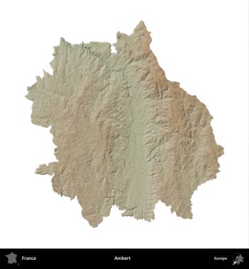 Ambert. Fransa 'nın idari bölgesi renkli bir yükseklik haritasında beyaza izole edilmiş