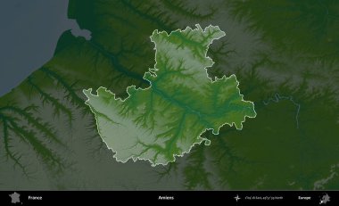 Amiens. Fransa 'nın idari alanı koyu renkli bir yükseklik haritasına vurgulandı ve özetlendi