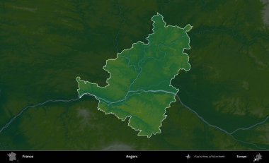 Öfke. Fransa 'nın idari alanı koyu renkli bir yükseklik haritasına vurgulandı ve özetlendi