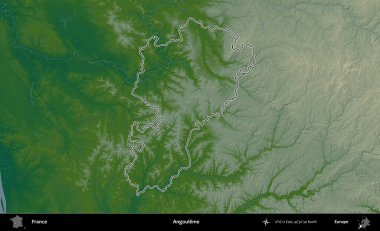 Angoume. Renkli bir yükseklik haritasında Fransa 'nın ana yönetim alanı belirtilmiş