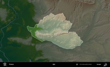 Bir daire. Fransa 'nın idari alanı koyu renkli bir yükseklik haritasına vurgulandı ve özetlendi