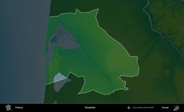 Arcachon. Fransa 'nın idari alanı koyu renkli bir yükseklik haritasına vurgulandı ve özetlendi