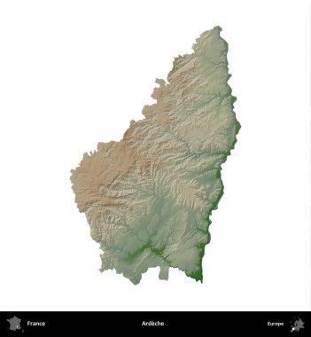 Ardeche. Fransa 'nın idari bölgesi renkli bir yükseklik haritasında beyaza izole edilmiş