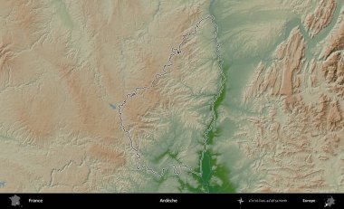 Ardeche. Renkli bir yükseklik haritasında Fransa 'nın ana yönetim alanı belirtilmiş