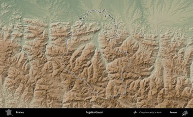 Argeles-Gazost. Renkli bir yükseklik haritasında Fransa 'nın ana yönetim alanı belirtilmiş