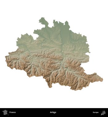 Ariege. Fransa 'nın idari bölgesi renkli bir yükseklik haritasında beyaza izole edilmiş