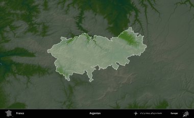 Arjantinli. Fransa 'nın idari alanı koyu renkli bir yükseklik haritasına vurgulandı ve özetlendi