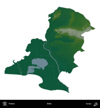 Arles. Fransa 'nın idari bölgesi renkli bir yükseklik haritasında beyaza izole edilmiş