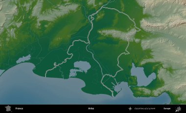 Arles. Renkli bir yükseklik haritasında Fransa 'nın ana yönetim alanı belirtilmiş