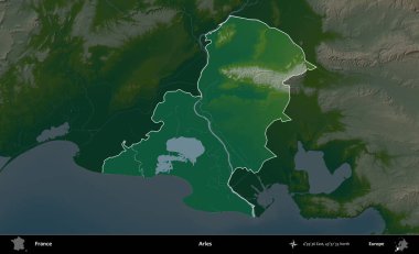 Arles. Fransa 'nın idari alanı koyu renkli bir yükseklik haritasına vurgulandı ve özetlendi