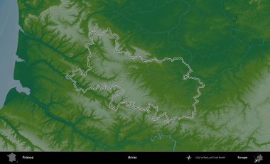 Arras. Renkli bir yükseklik haritasında Fransa 'nın ana yönetim alanı belirtilmiş