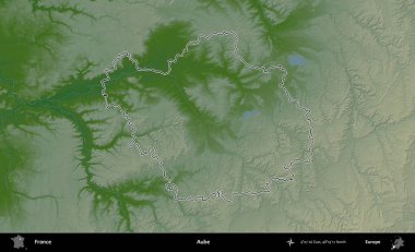 Aube. Renkli bir yükseklik haritasında Fransa 'nın ana yönetim alanı belirtilmiş