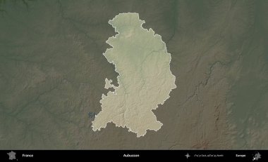 Aubusson. Fransa 'nın idari alanı koyu renkli bir yükseklik haritasına vurgulandı ve özetlendi