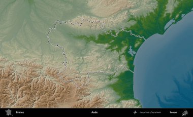 Aude. Renkli bir yükseklik haritasında Fransa 'nın ana yönetim alanı belirtilmiş