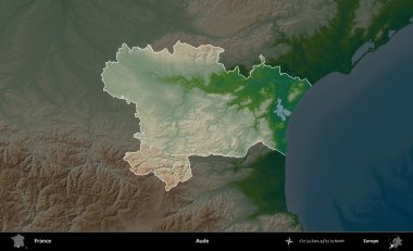 Aude. Fransa 'nın idari alanı koyu renkli bir yükseklik haritasına vurgulandı ve özetlendi