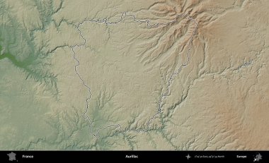 Aurillac. Renkli bir yükseklik haritasında Fransa 'nın ana yönetim alanı belirtilmiş