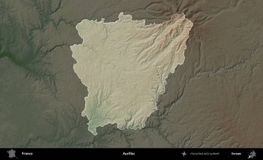 Aurillac. Fransa 'nın idari alanı koyu renkli bir yükseklik haritasına vurgulandı ve özetlendi
