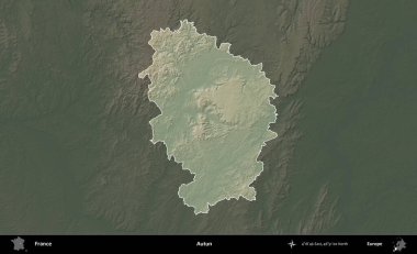 Autun. Fransa 'nın idari alanı koyu renkli bir yükseklik haritasına vurgulandı ve özetlendi